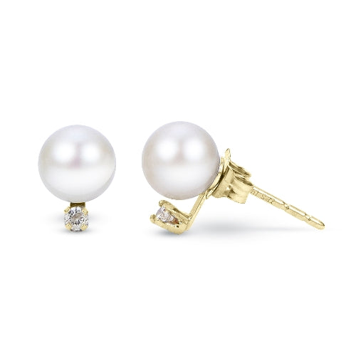 14KT Freshwater Pearl Stud & Diamond (Select Quality, Size, & Gold Color)